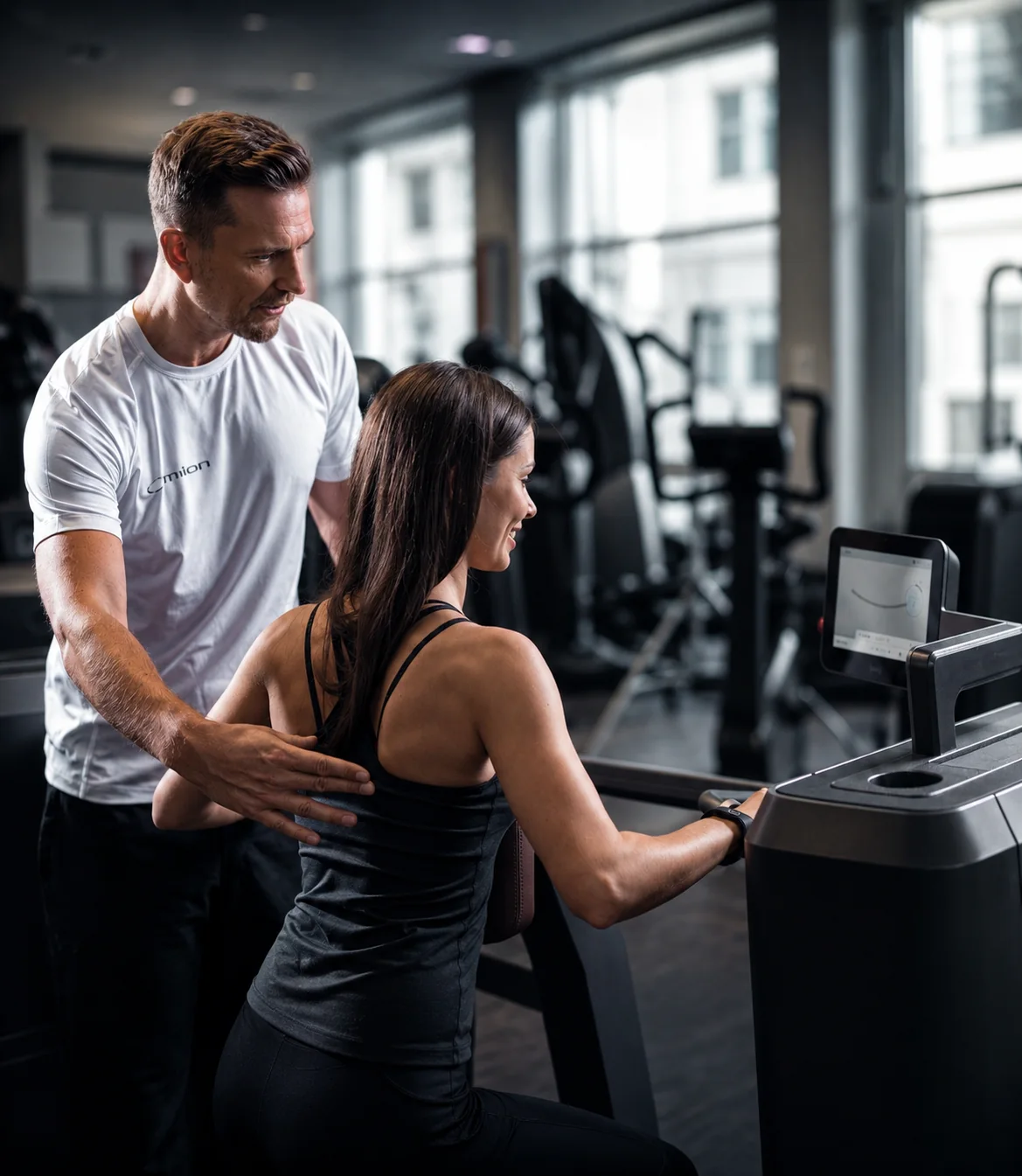 Trainer und Mitglied besprechen Trainingswerte am Milon-Display
