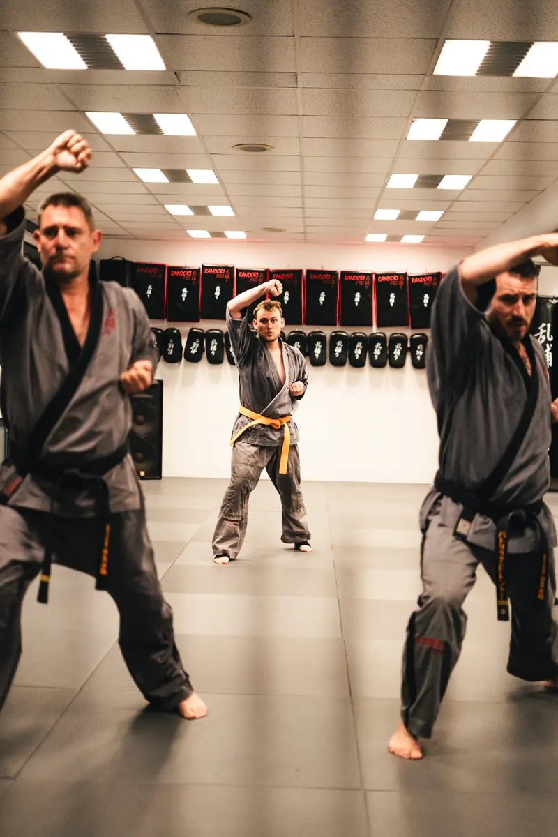 Kihon: Drei Karateka im Gi üben gemeinsam eine Blocktechnik