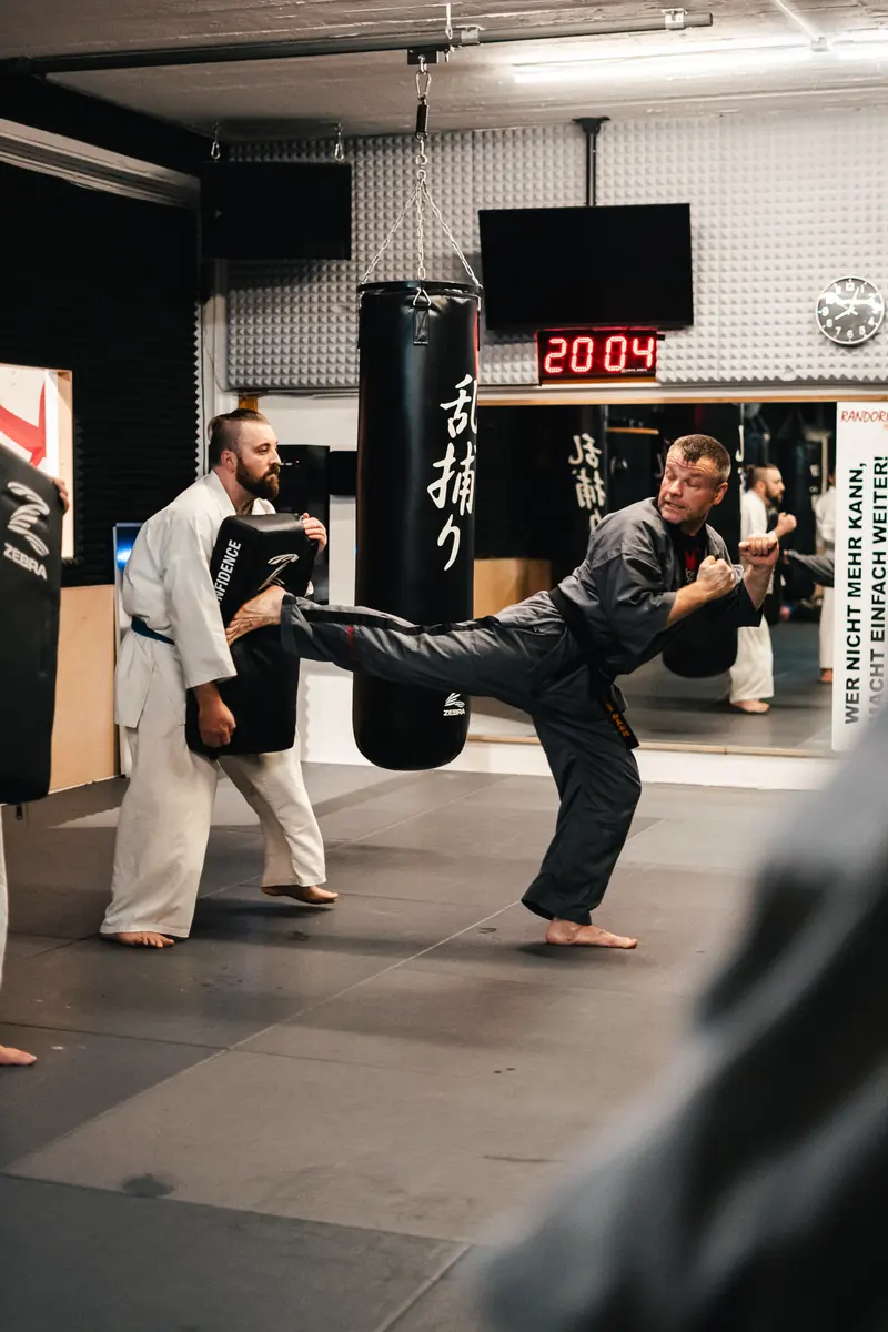 Karate-Training: Tritt gegen ein Schlagpolster