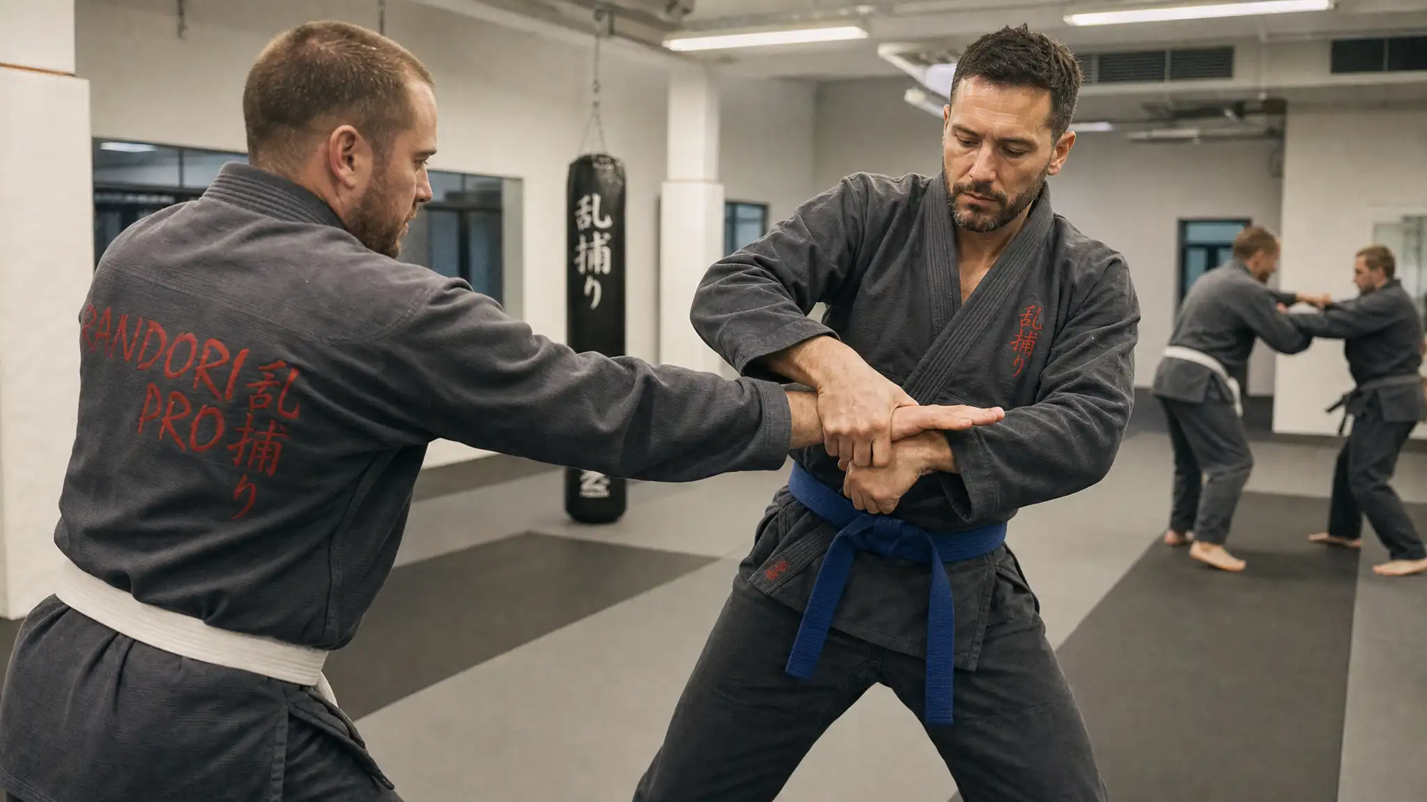 Zwei Krav-Maga-Schüler bei einer kontrollierten Handgelenk-Abwehrübung im Dojo (KI-generiert)