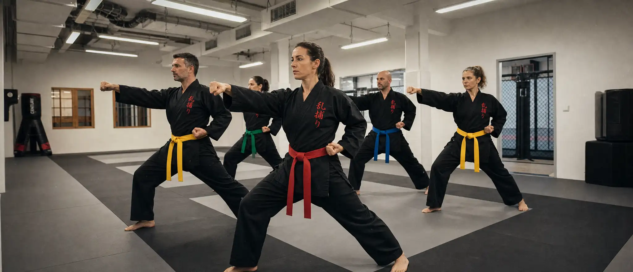 Gruppe trainiert Shaolin Kung Fu synchron in tiefem Stand mit Fauststoß im Dojo bei Randori-Pro (KI-generiert)
