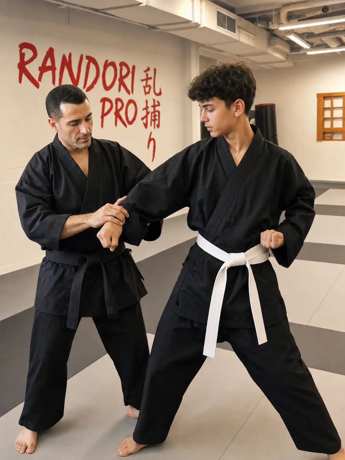 Trainer korrigiert die Armhaltung eines jugendlichen Schülers im Dojo bei Randori-Pro (KI-generiert)